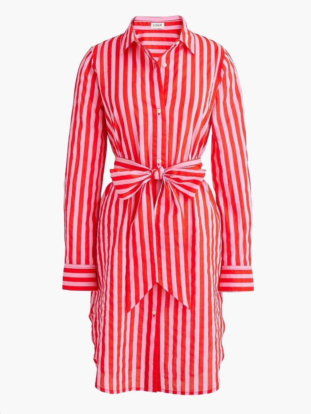 J. Crew Red and Pink Vertical Stripe Long-Sleeve Shirt Dress NWT